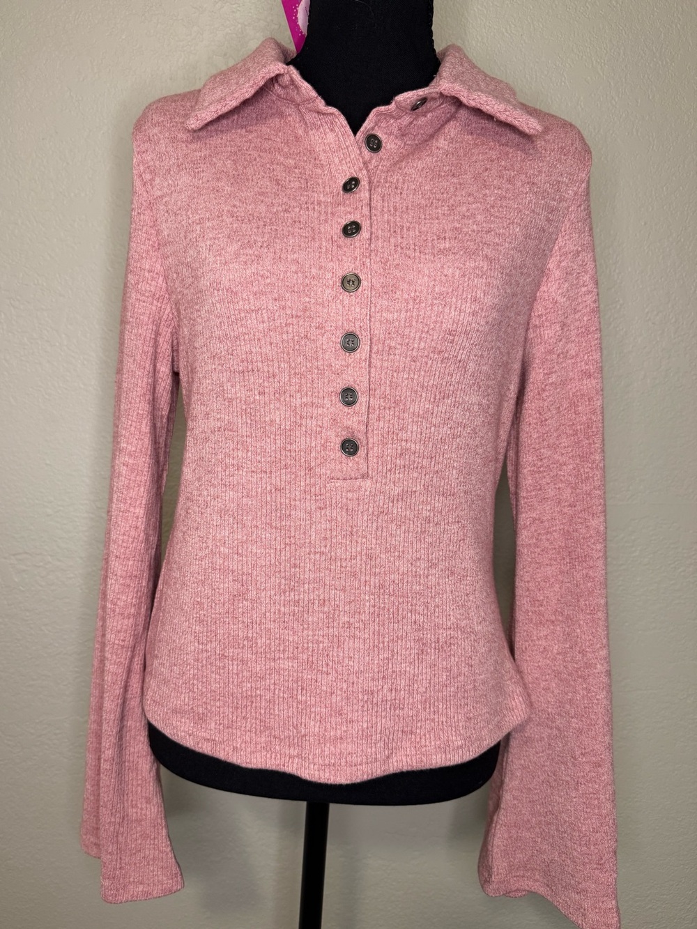 GiGiO Women's Ribbed Knit Henley Long Sleeve Top with Bell Sleeves